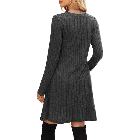 Ofeefan Women Grey Crew Neck Long Sleeve Empire Waist Dress with Pockets - Picture 5 of 5